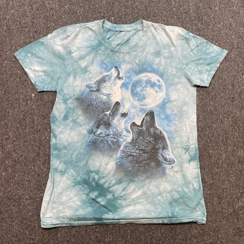 The Mountain Wolf TShirt Sz S Mens Blue Tie Dye 3 Wolf Moon Nature Grunge Skater